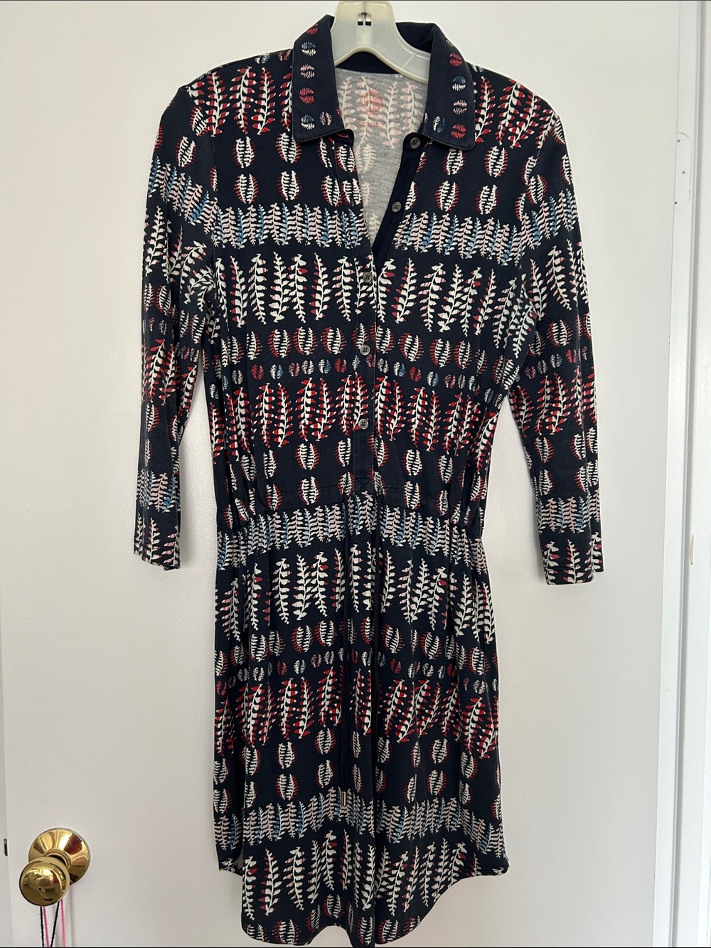 Tory Burch Navy Patterned Shirt Dress with Red & White Accents